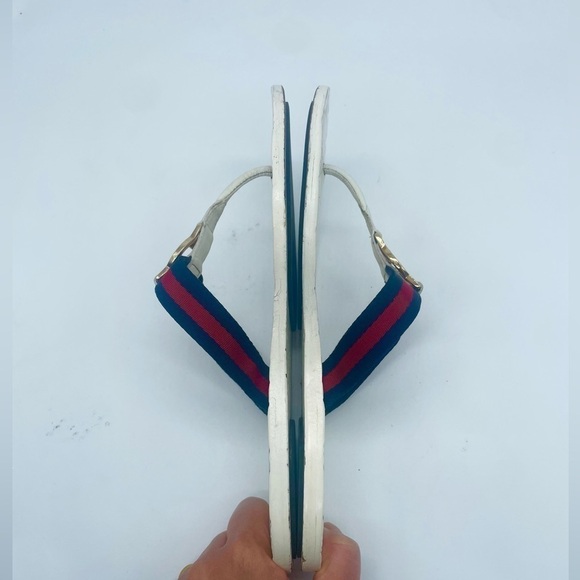 Gucci White leather GG web Thong Fabric Navy blue red stripe sandals EU 37.5